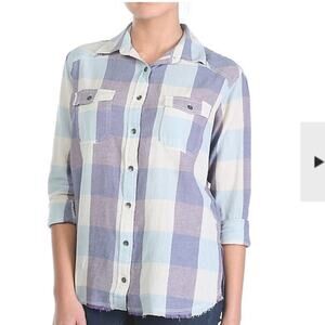 Billabong Blue Jay Riding Solo Button Up Top Raw Hem Checkered Purple Blue Sz S
